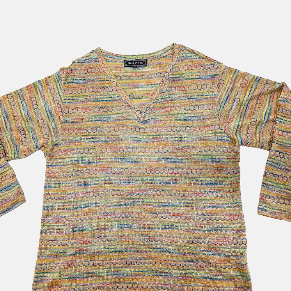 Creme Dd Silk V Neck Silk Blend Multi-Color Soft Silk Shirt